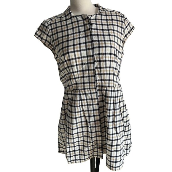 Pendleton Plaid Mini Dress Sz 12 (M/L) Womens Navy Blue Tan Short Sleeve Button - Picture 2 of 16